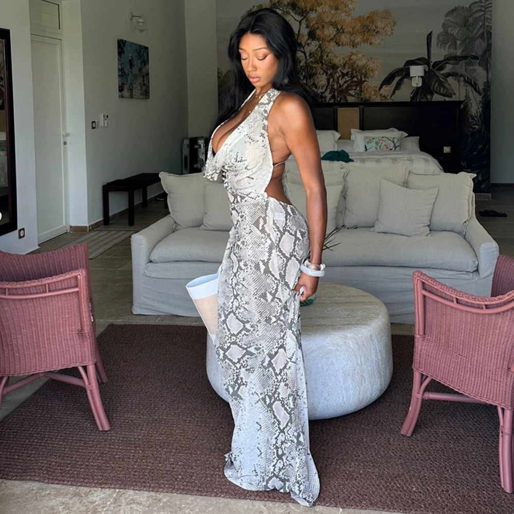 Gray White Print Halter Cowl Neck Bodycon Waist Cinching Low Cut Long Dress